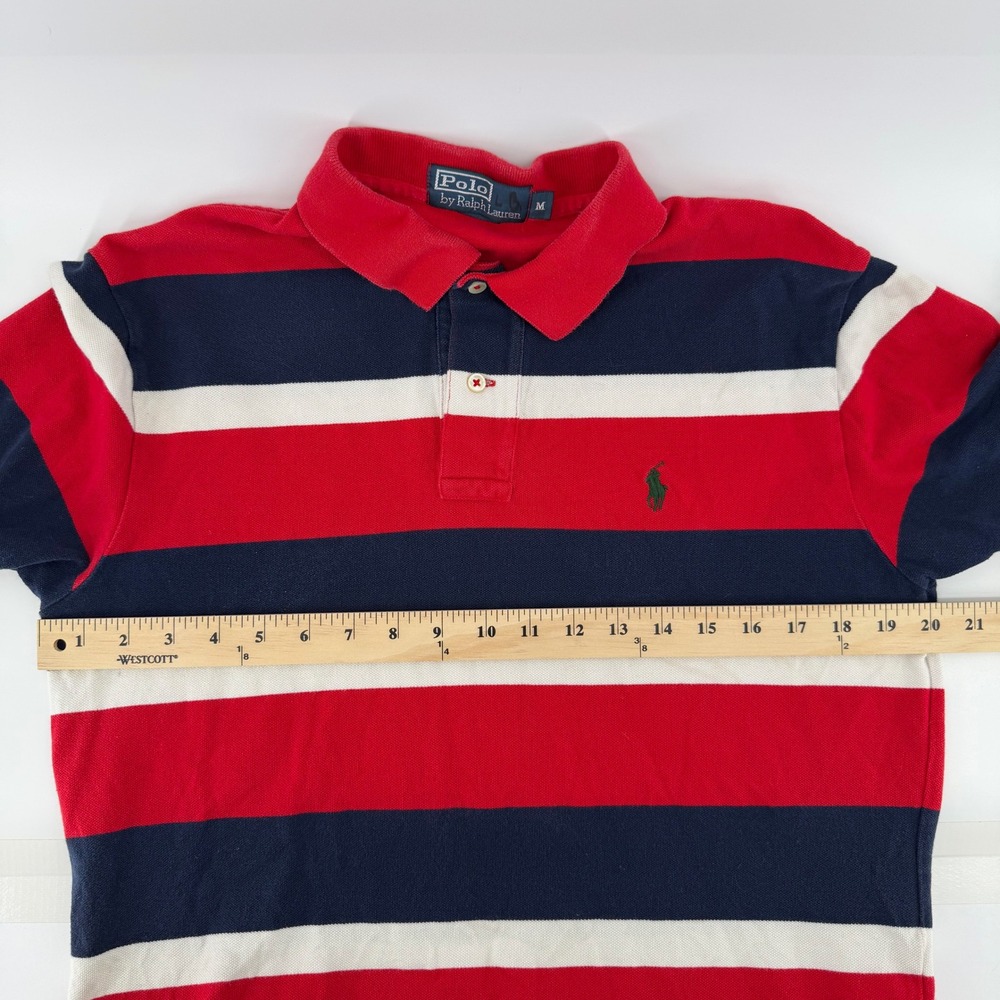 Vintage Polo Ralph Lauren Mens M Striped Short Sleeve Shirt Rugby Red Navy Prep - Picture 8 of 11